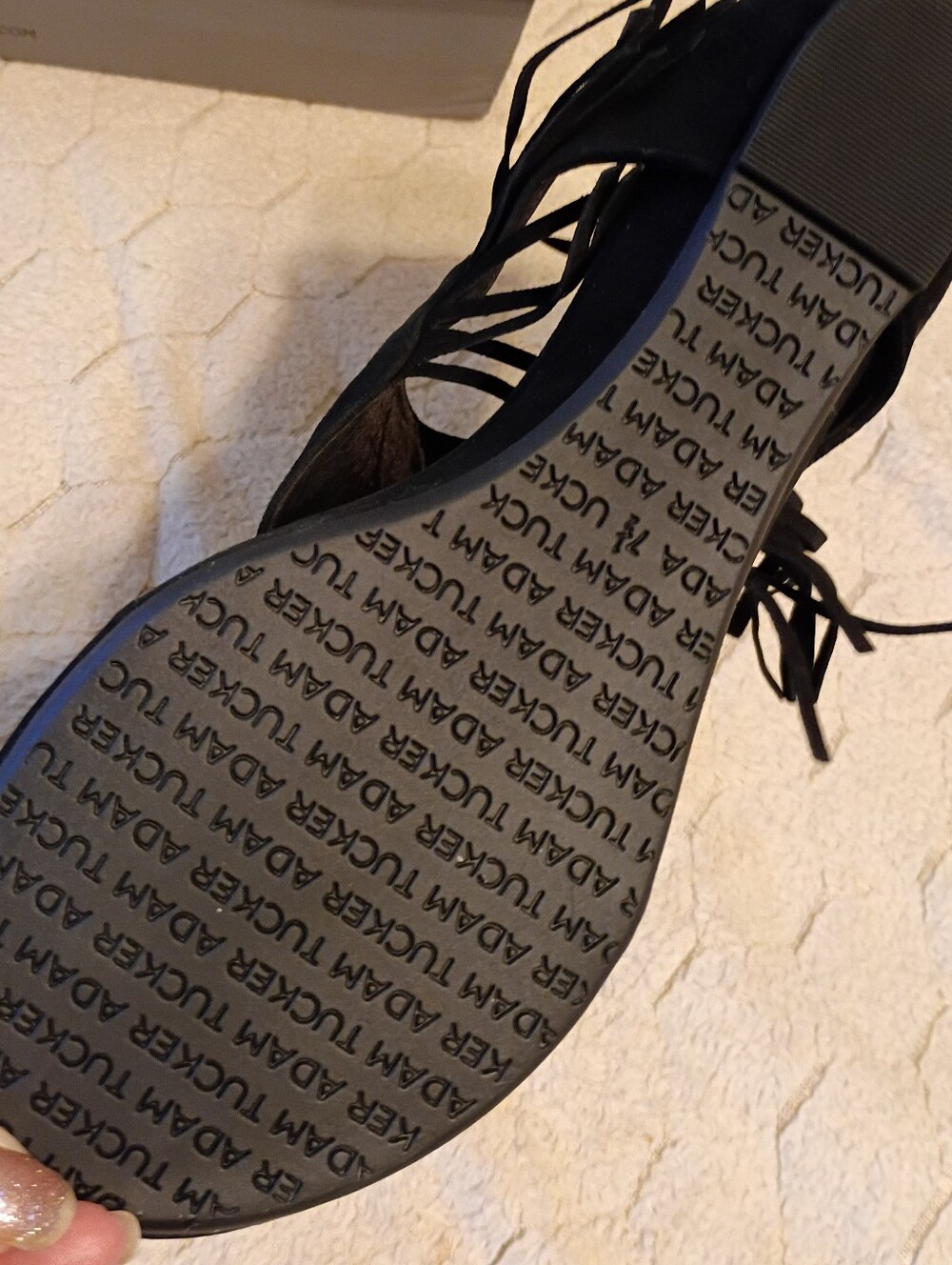 NIB Adam Tucker Black Suede Ankle Bootie Sandals 7.5 Fringe - Picture 6 of 8